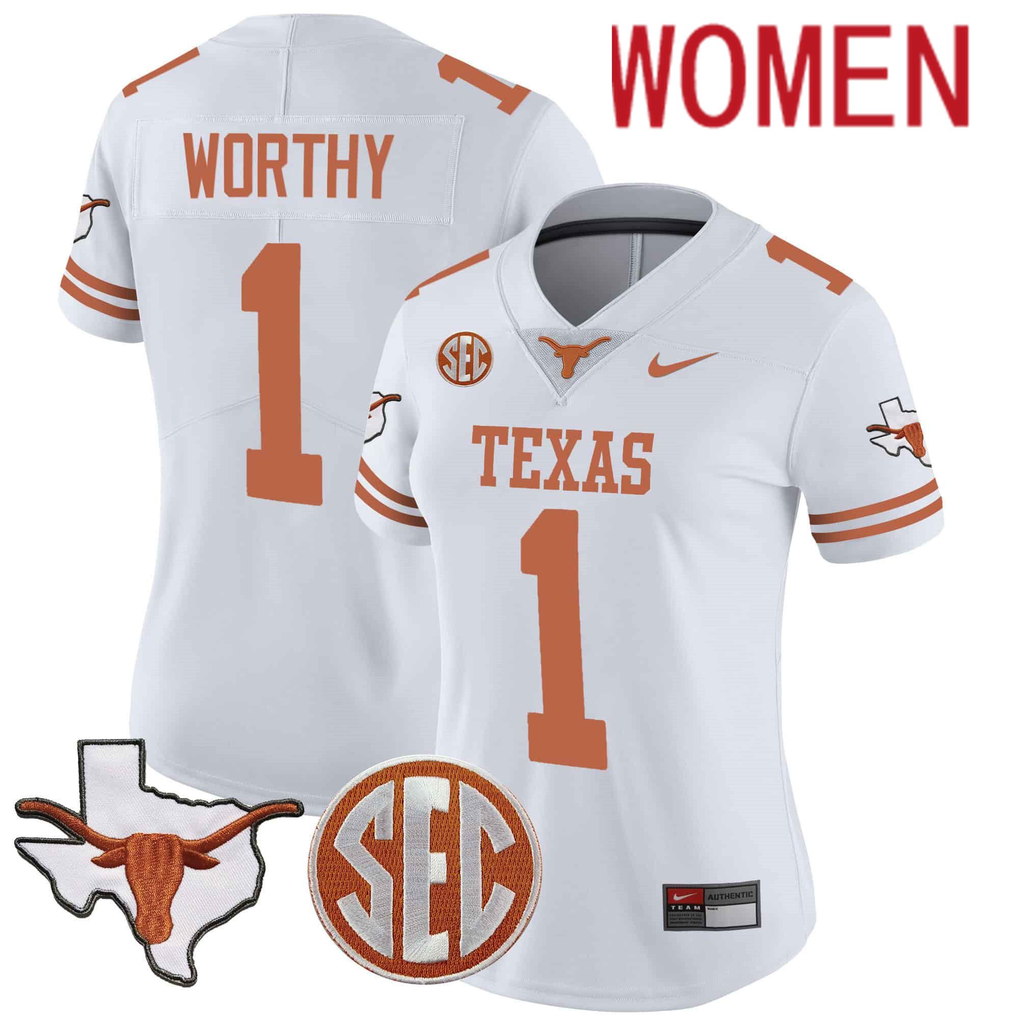 Women Texas Longhorns #1 Worthy White 2024 Nike State Map & SEC Patch Vapor NCAA Jersey